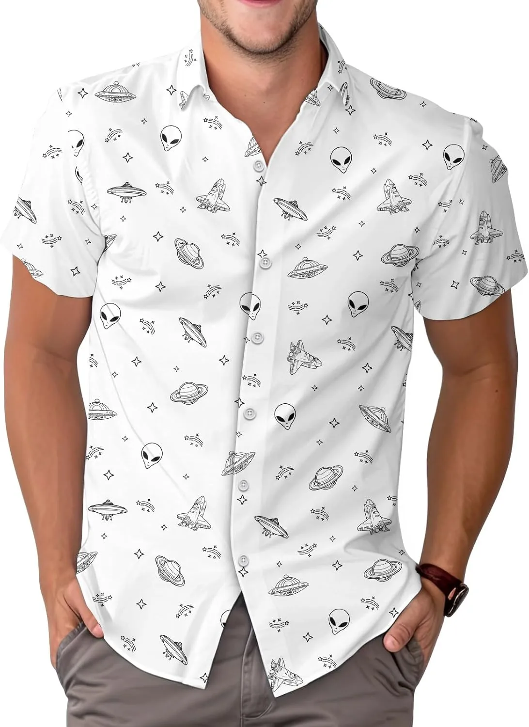 Alien Short Sleeve Hawaiian Shirt, Funny Pattern Casual Button Shirt, Summer Shirt, Birthday Gifts