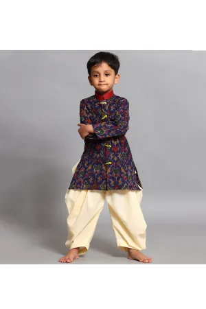 Blue printed kurta with cream balloon pants