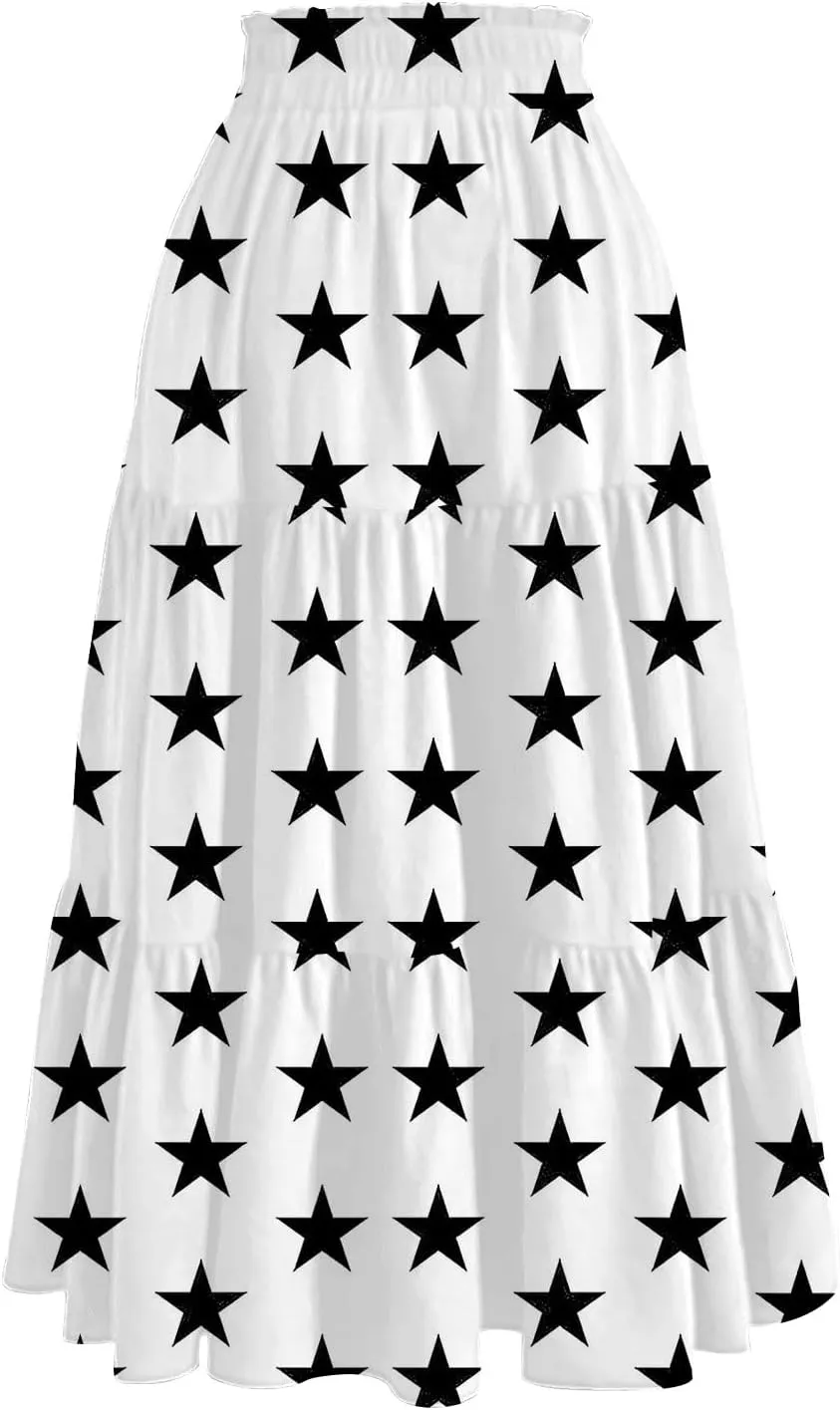 Boho Midi Skirt for Women Trendy Casual A Line Pleated Flowy Bohemian Skirts Floral Elastic High Waist Long Skirts