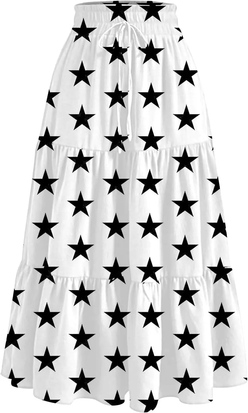 Boho Midi Skirt for Women Trendy Casual A Line Pleated Flowy Bohemian Skirts Floral Elastic High Waist Long Skirts