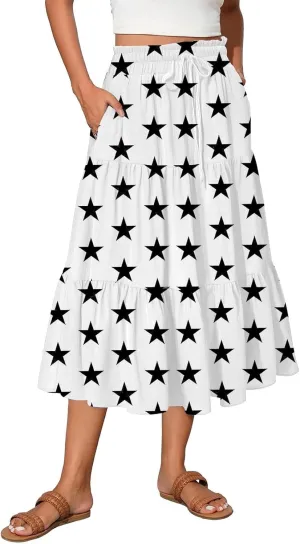 Boho Midi Skirt for Women Trendy Casual A Line Pleated Flowy Bohemian Skirts Floral Elastic High Waist Long Skirts