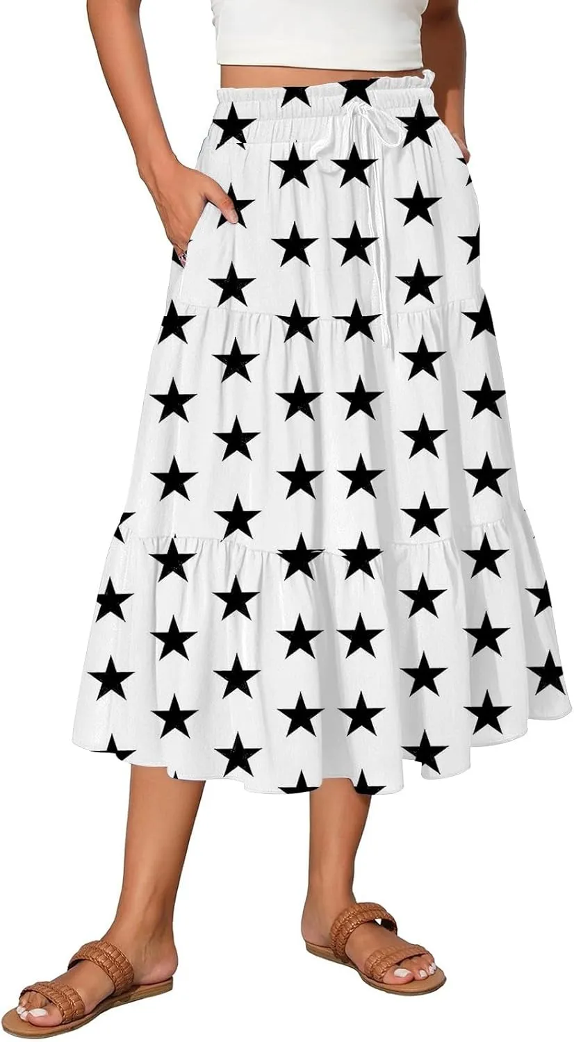Boho Midi Skirt for Women Trendy Casual A Line Pleated Flowy Bohemian Skirts Floral Elastic High Waist Long Skirts