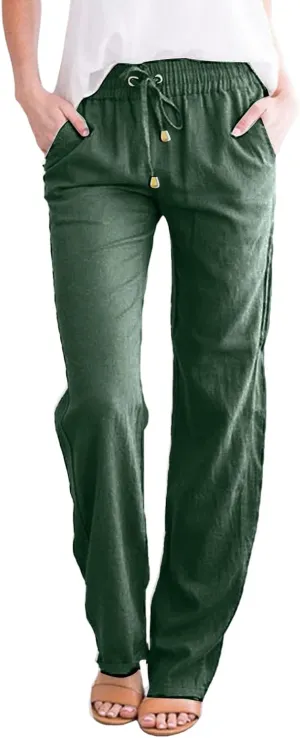 Casual Pants Women Summer Drawstring High Waist Straight Leg Pants Casual Dressy Work Vacation Beach Trousers with Pockets