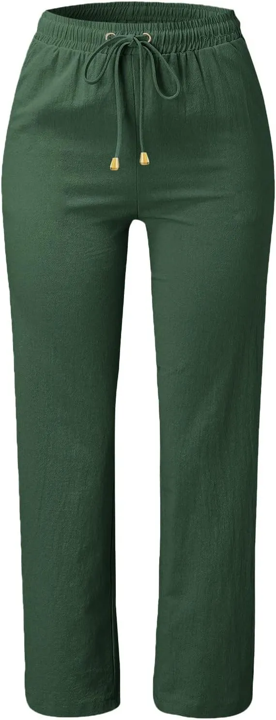 Casual Pants Women Summer Drawstring High Waist Straight Leg Pants Casual Dressy Work Vacation Beach Trousers with Pockets