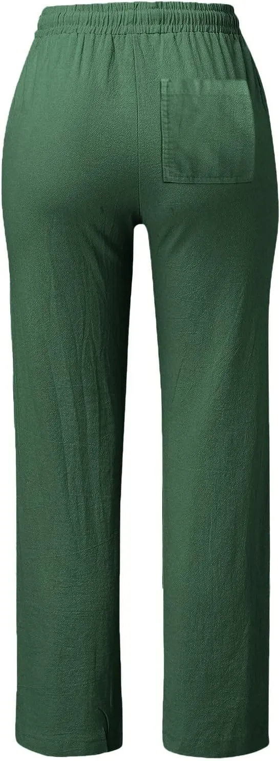 Casual Pants Women Summer Drawstring High Waist Straight Leg Pants Casual Dressy Work Vacation Beach Trousers with Pockets