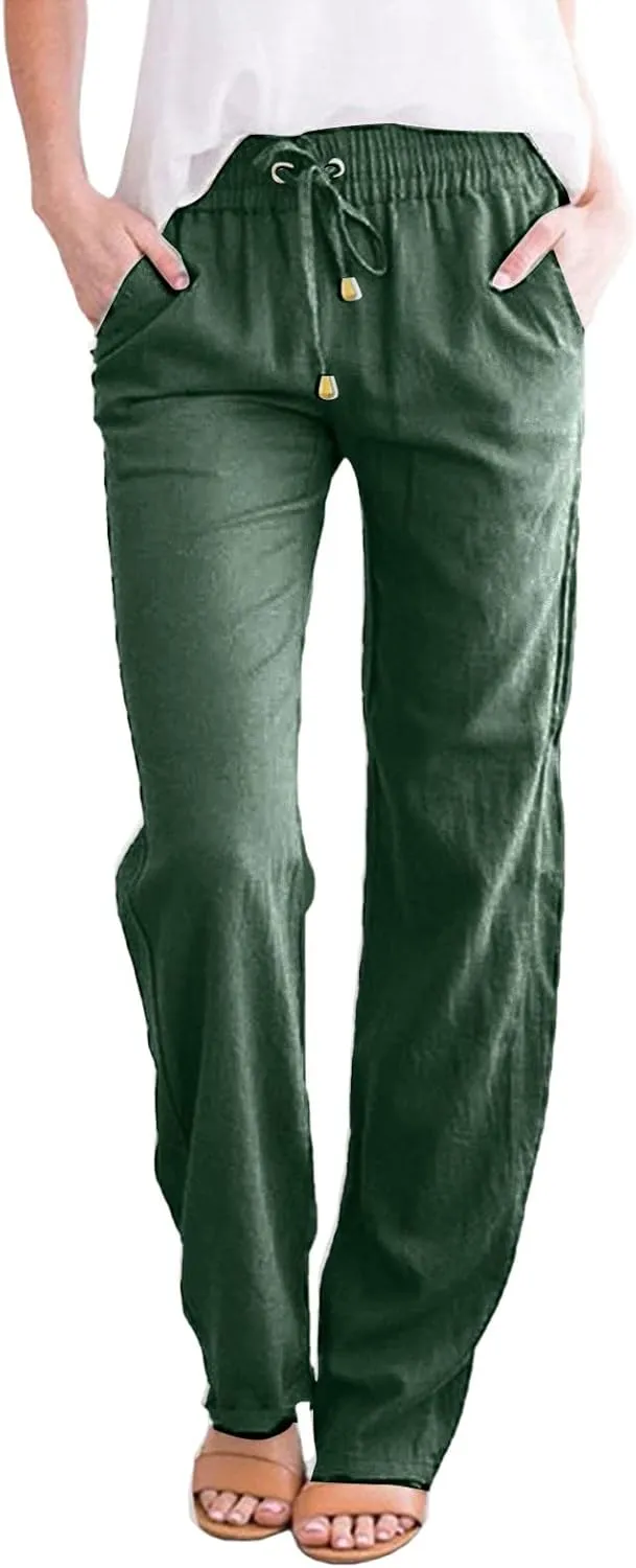 Casual Pants Women Summer Drawstring High Waist Straight Leg Pants Casual Dressy Work Vacation Beach Trousers with Pockets