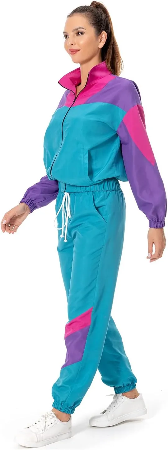 Color Block Track Suit Set 80s Long Sleeve Windbreaker 90s Track Outfit Casual Sweatsuits Women