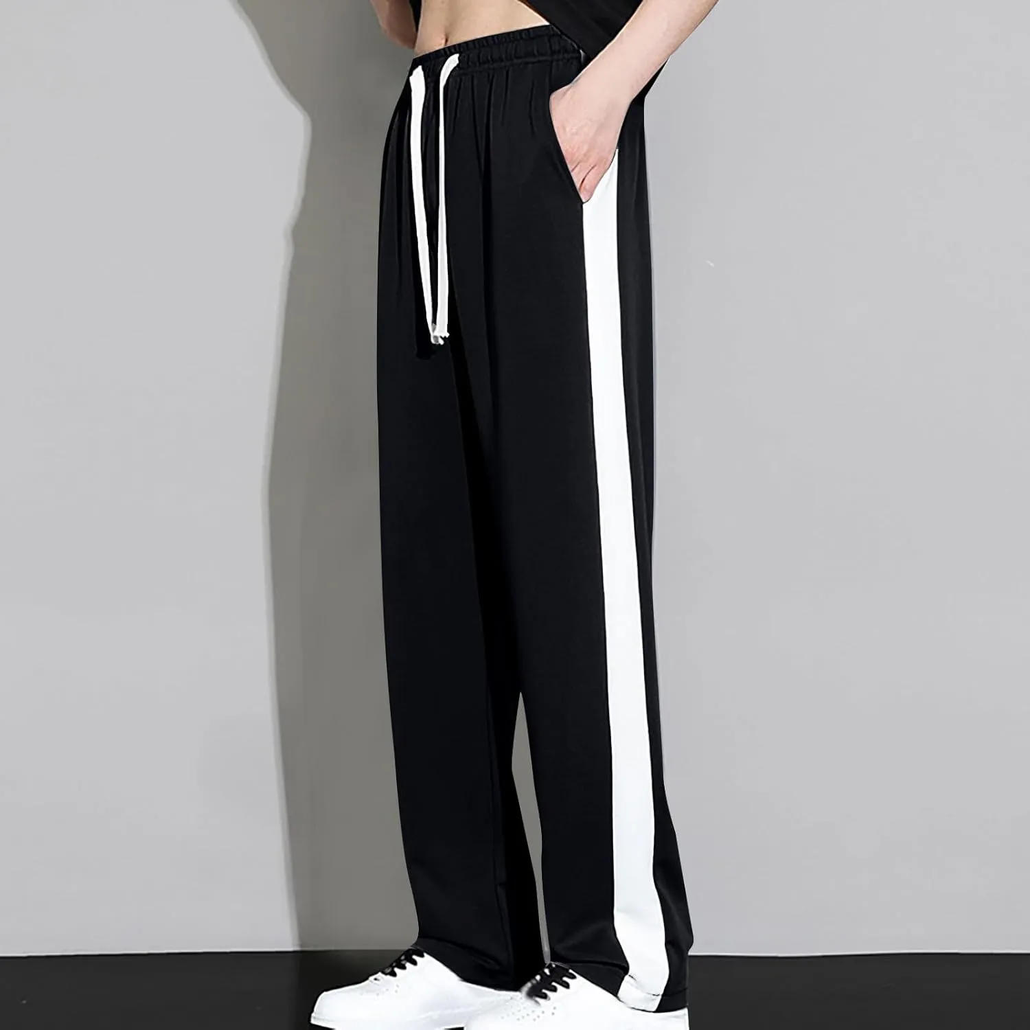 Finelylove Mens Pants Silk Casual Pants Ealstic Waist Drawstring Lounge Pants Wide Leg Baggy Pants Color Block Trousers