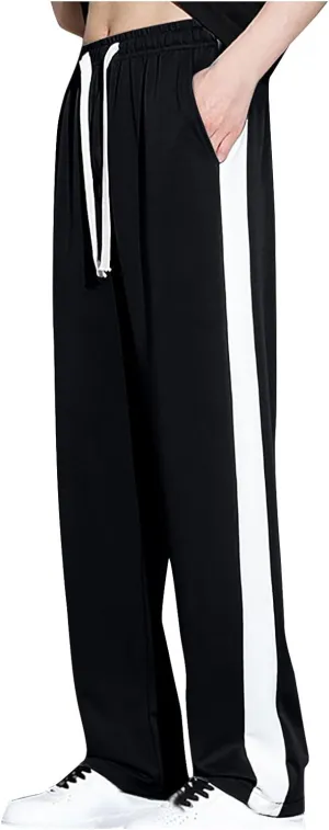 Finelylove Mens Pants Silk Casual Pants Ealstic Waist Drawstring Lounge Pants Wide Leg Baggy Pants Color Block Trousers