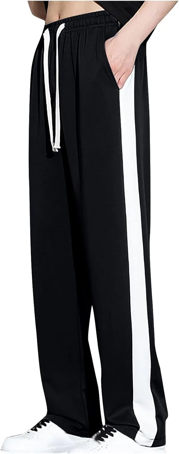 Finelylove Mens Pants Silk Casual Pants Ealstic Waist Drawstring Lounge Pants Wide Leg Baggy Pants Color Block Trousers