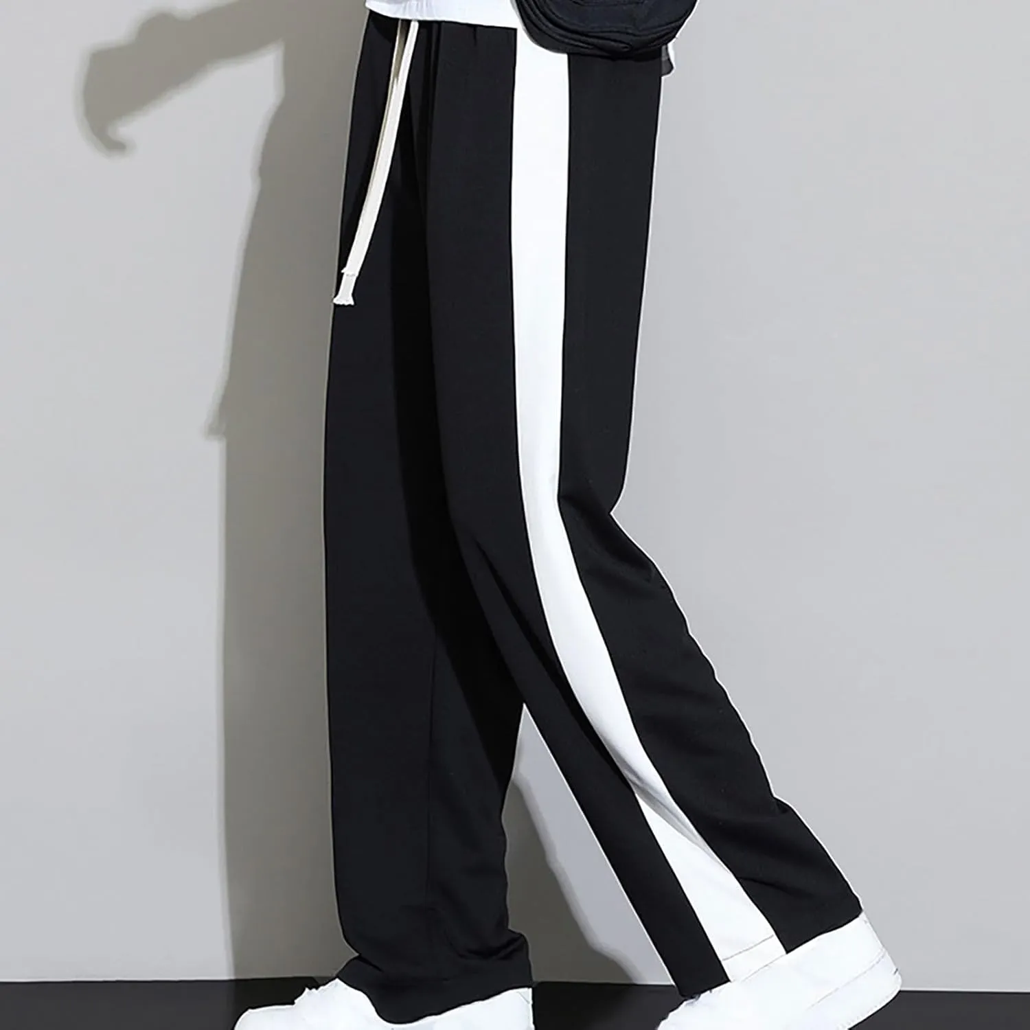 Finelylove Mens Pants Silk Casual Pants Ealstic Waist Drawstring Lounge Pants Wide Leg Baggy Pants Color Block Trousers