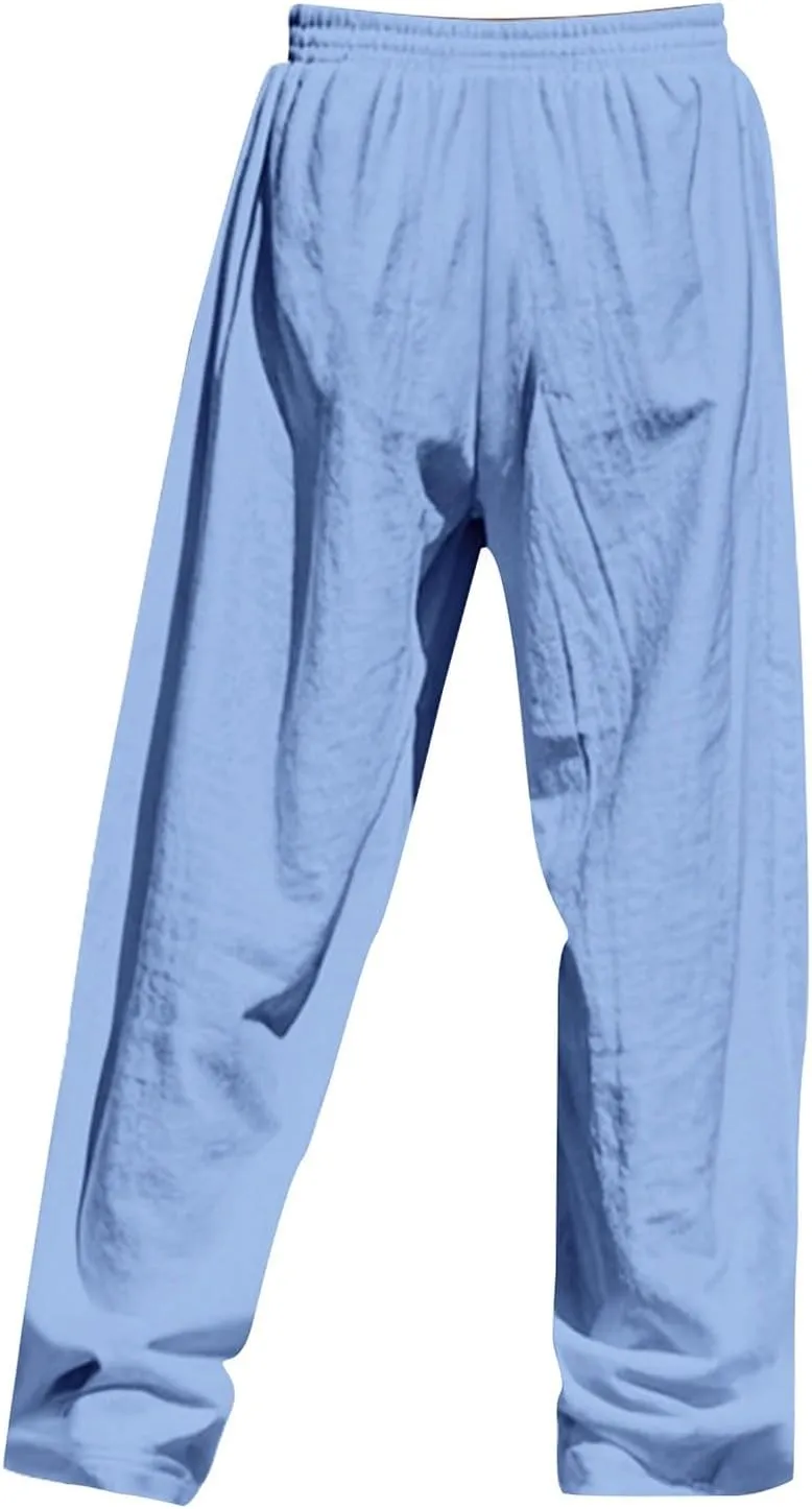 Linen Pants for Men Elastic Waist Drawstring Pants Beach Harem Summer Lounge Pants Lightweight Linen Trouser