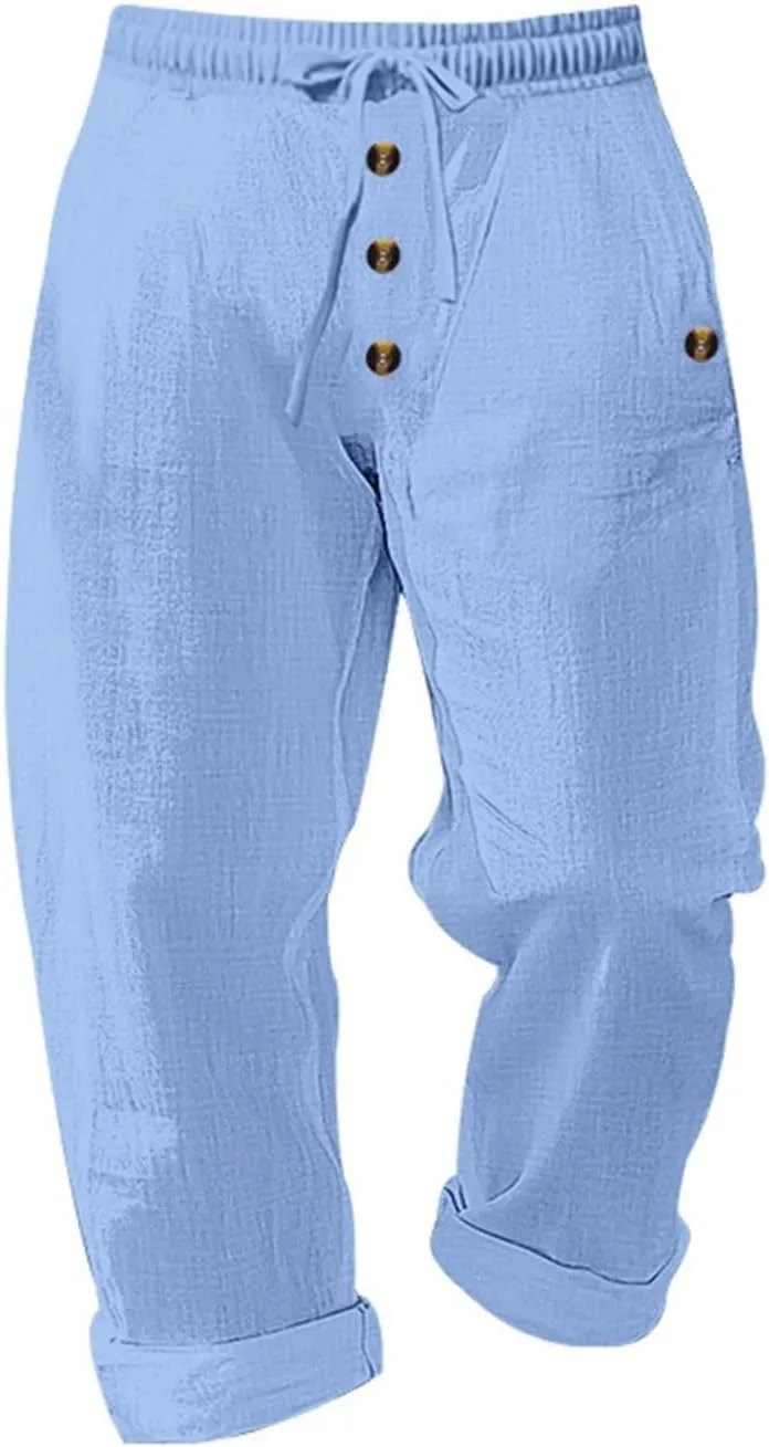 Linen Pants for Men Elastic Waist Drawstring Pants Beach Harem Summer Lounge Pants Lightweight Linen Trouser