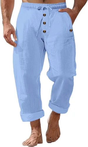 Linen Pants for Men Elastic Waist Drawstring Pants Beach Harem Summer Lounge Pants Lightweight Linen Trouser