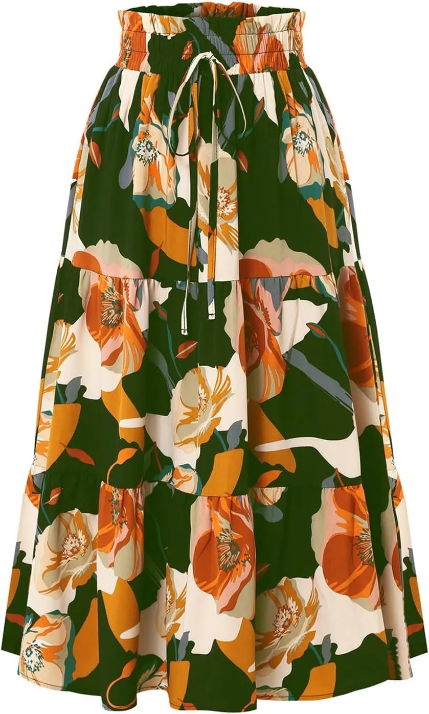 Maxi Skirts for Women 2025 Summer Ruffle Elastic High Waist Tiered Skirt Vacation A-Line Flowy Swing Long Skirts