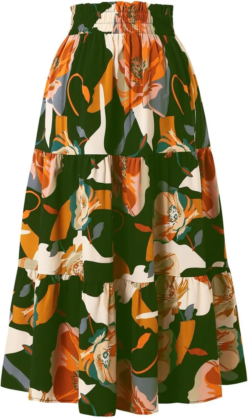 Maxi Skirts for Women 2025 Summer Ruffle Elastic High Waist Tiered Skirt Vacation A-Line Flowy Swing Long Skirts