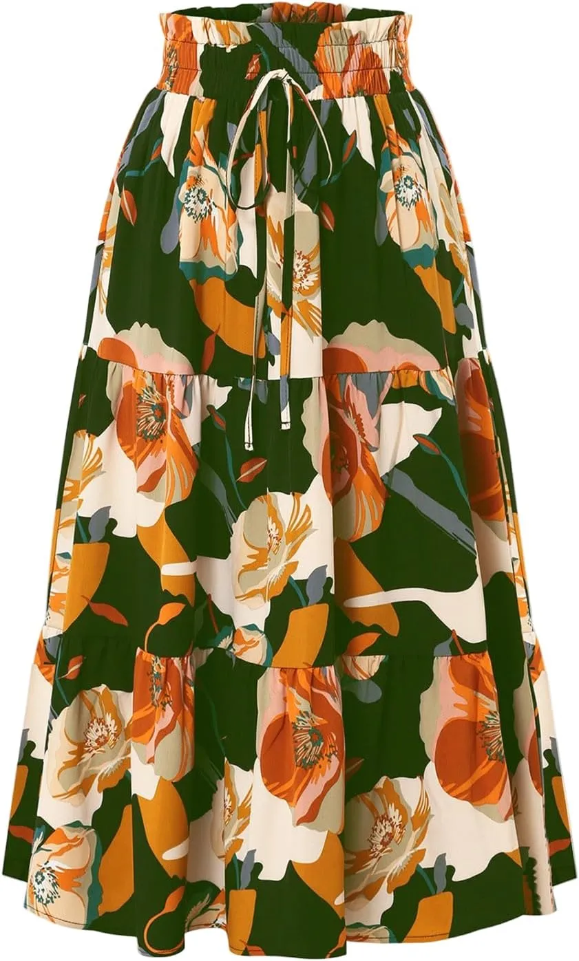 Maxi Skirts for Women 2025 Summer Ruffle Elastic High Waist Tiered Skirt Vacation A-Line Flowy Swing Long Skirts