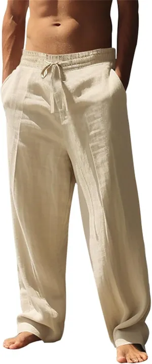 Mens Linen Pants Elastic Waist Drawstring Beach Casual Pants Summer Pants Lightweight Linen Trouser