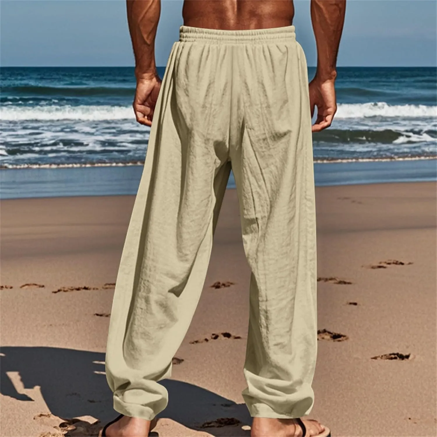 Mens Linen Pants Elastic Waist Drawstring Beach Casual Pants Summer Pants Lightweight Linen Trouser