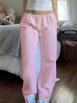 Pink Solid Loose Casual Woven Straight Leg Pants Women Drawstring Low Waist Y2K Baggy Jogging Trousers