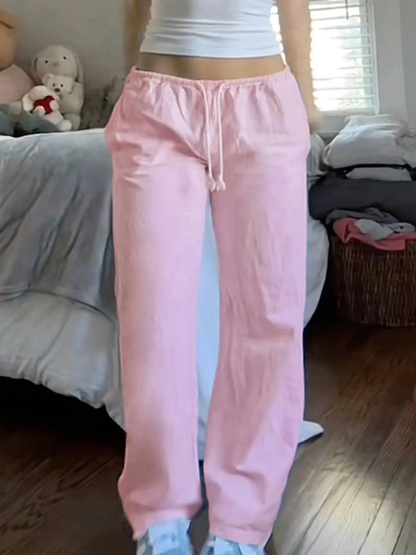 Pink Solid Loose Casual Woven Straight Leg Pants Women Drawstring Low Waist Y2K Baggy Jogging Trousers