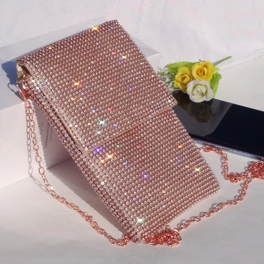 Rhinestone Crossbody Cell Phone Purse Wallet Clutch Crystal Evening Handbags Bling Shoulder Smart Phone Bag