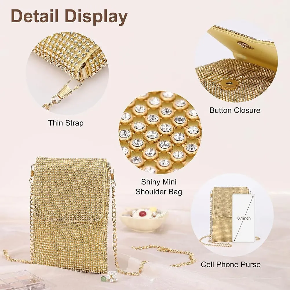 Rhinestone Crossbody Cell Phone Purse Wallet Clutch Crystal Evening Handbags Bling Shoulder Smart Phone Bag