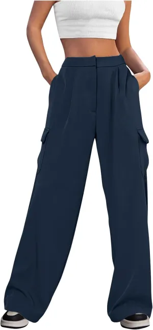 Wide Leg Cargo Pants for Women High Waist Straight Trousers Lightweight Business Casual Dress Pants with Pockets