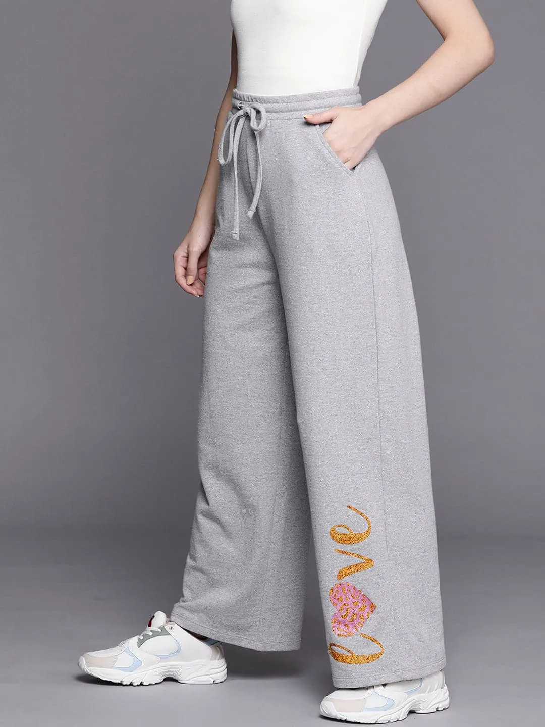 Women Grey Melange Love Track Pants