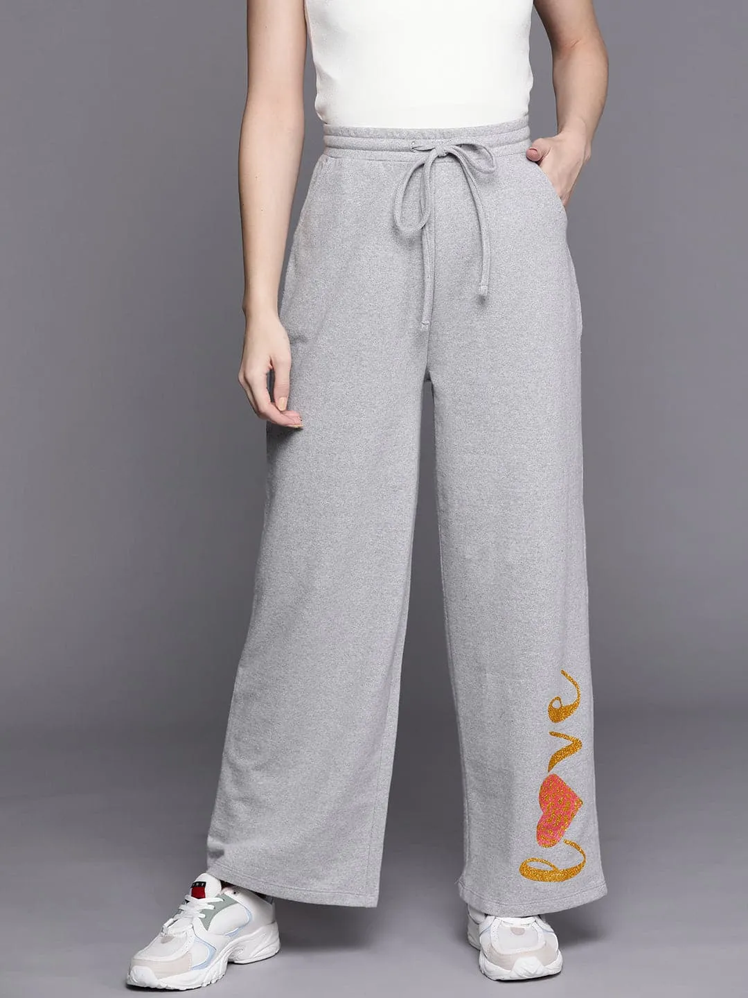 Women Grey Melange Love Track Pants