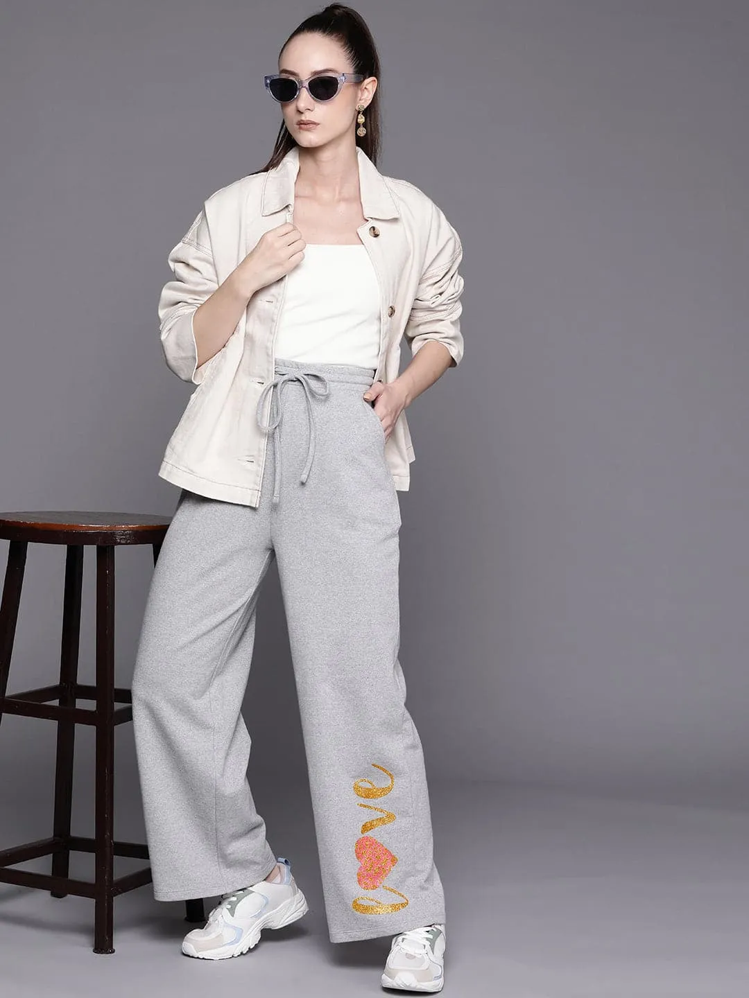 Women Grey Melange Love Track Pants
