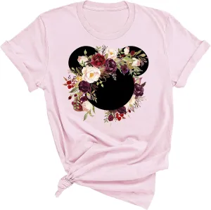 Womens Mickey Flower Shirt, Floral Burgundy Wreath T-Shirt Adult Women Ladies Boho Character Shirt
