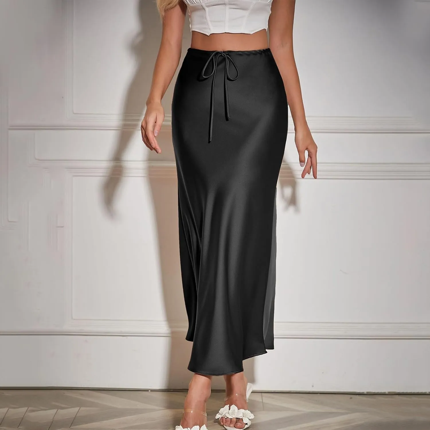 Women's Satin Maxi Skirts Drawstring High Waist Silk Flowy Casual A-Line Long Skirt Cocktail Party Weekend Midi Skirts