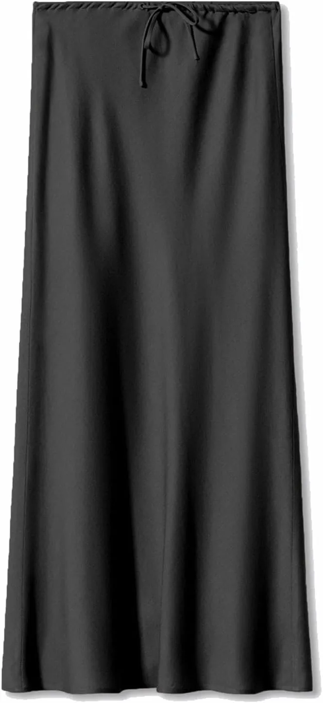 Women's Satin Maxi Skirts Drawstring High Waist Silk Flowy Casual A-Line Long Skirt Cocktail Party Weekend Midi Skirts