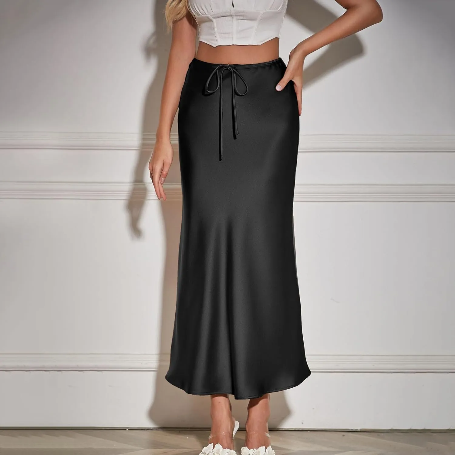 Women's Satin Maxi Skirts Drawstring High Waist Silk Flowy Casual A-Line Long Skirt Cocktail Party Weekend Midi Skirts
