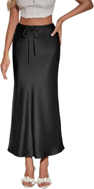 Women's Satin Maxi Skirts Drawstring High Waist Silk Flowy Casual A-Line Long Skirt Cocktail Party Weekend Midi Skirts