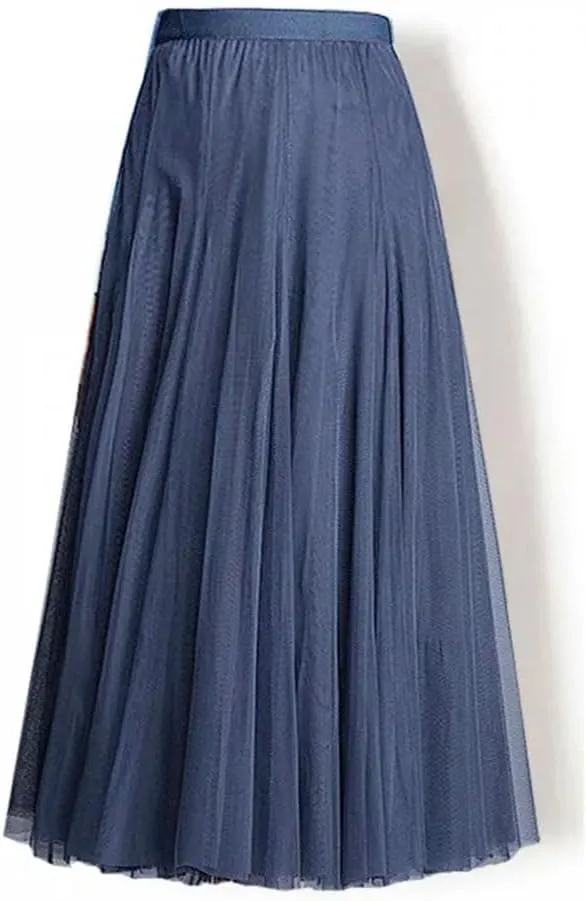 Women's Solid Polyester Stretch High Waist Dance Skirt Long Pleated Midi Skirt