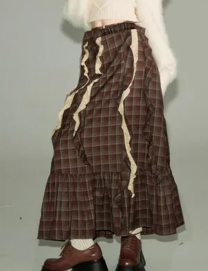 Y2k Plaid Tiered Maxi Skirt for Women Vintage Gingham A Line Long Skirt Summer Ruffle Flowy Swing Midi Skirt
